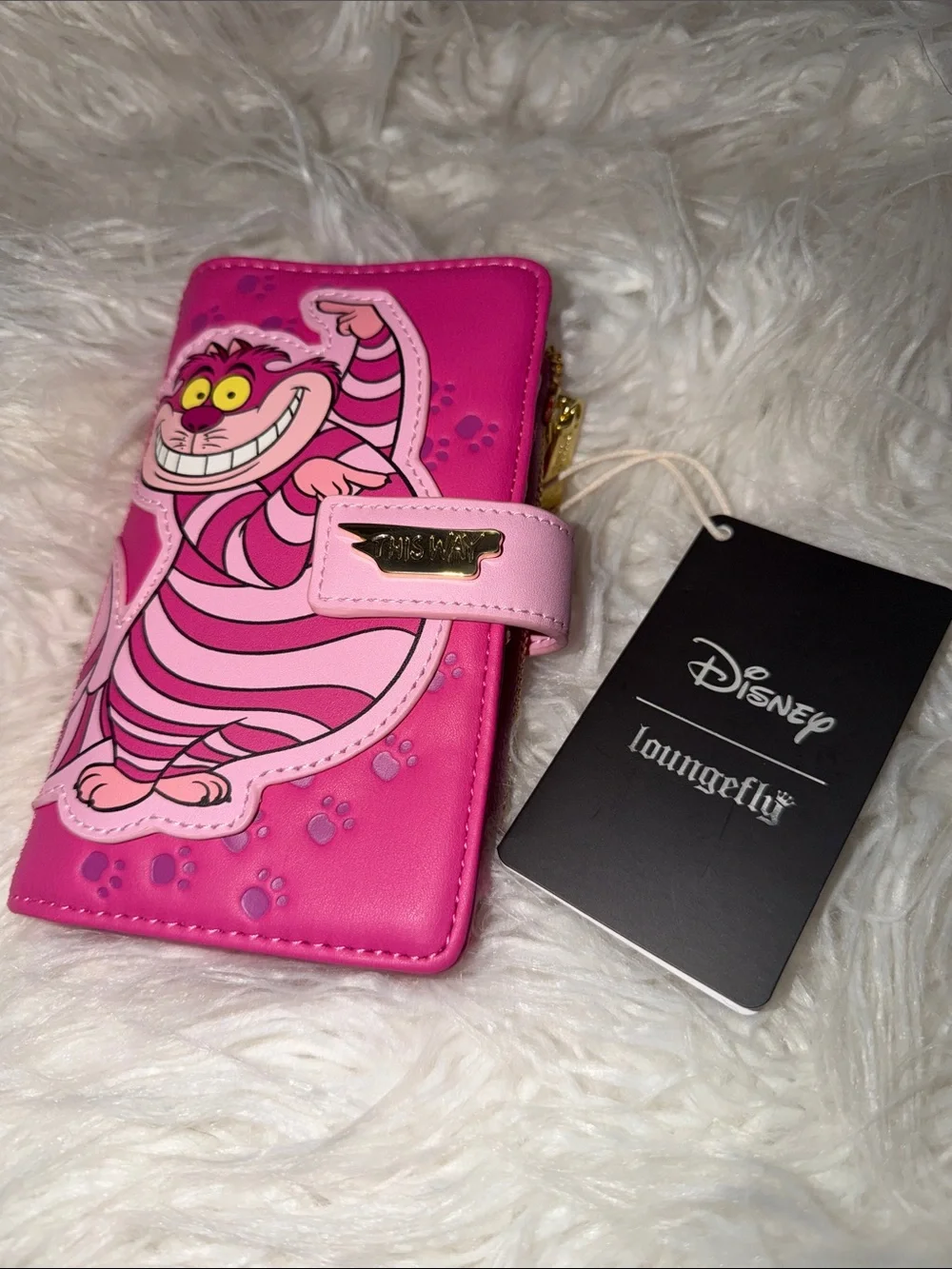 NIB Disney Loungefly Pink Cheshire Cat Zip Wallet with Gold-Tone Accent